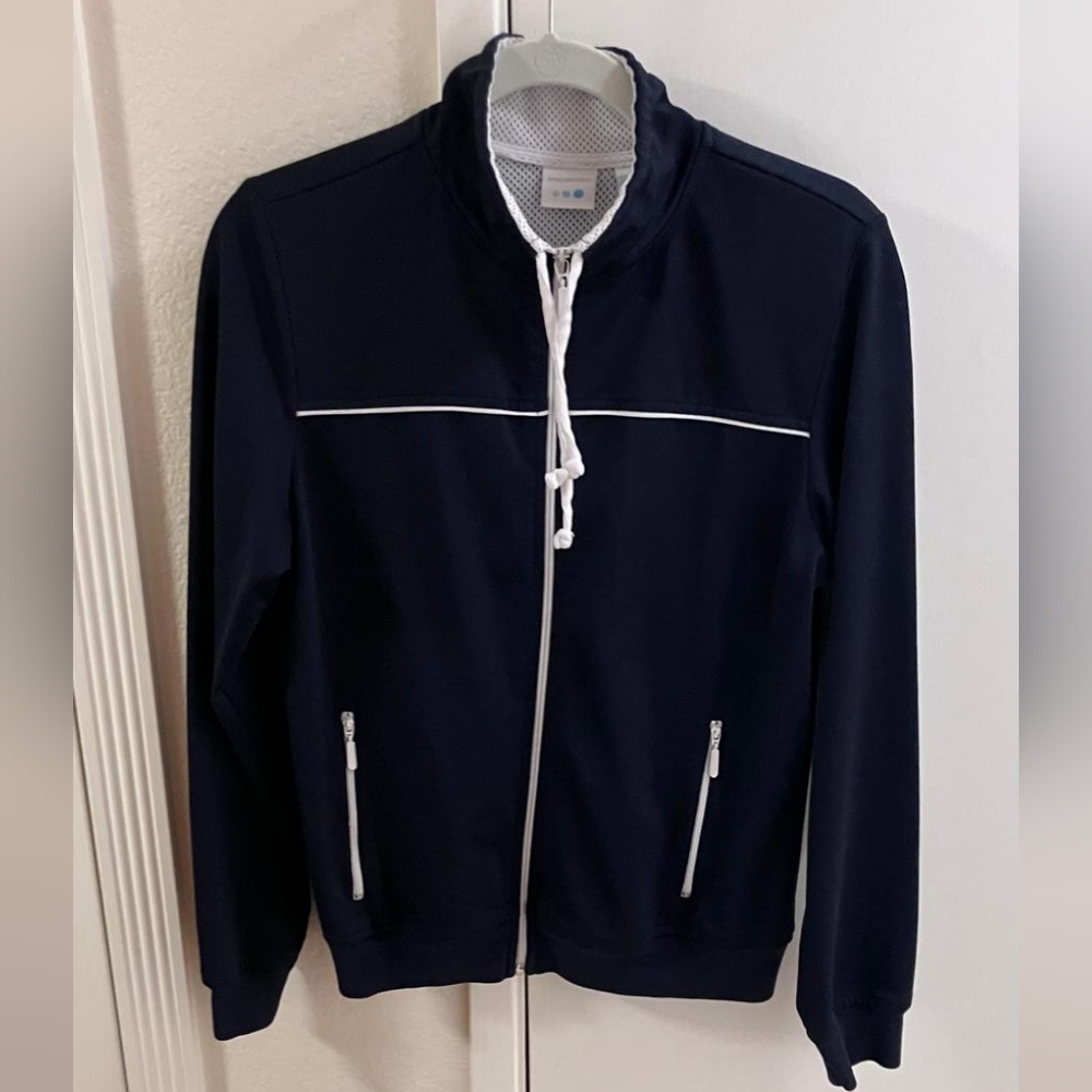 Prospirit Women's Dark Blue Zip-Up Sweater with White Trim